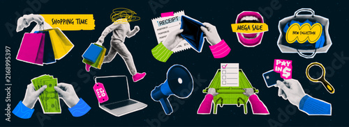 Fotografie Colorful shopping and sale halftone collage set with hands, shopping bags, receipt, money, laptop, megaphone, cart, payment card and promotional labels