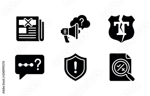 Fake News Detection, solid glyph icon set featuring false newspaper, megaphone, broken truth badge, conspiracy chat, warning shield and fact-check magnifier, covering misinformation, propaganda,