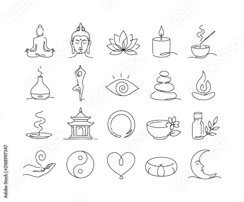 Mindful Meditation Symbols — one-line drawing set, 20 minimal continuous single-line icons in a 5x4 grid featuring meditating figure, Buddha, lotus, candle, incense burner, aroma diffuser, yoga pose,