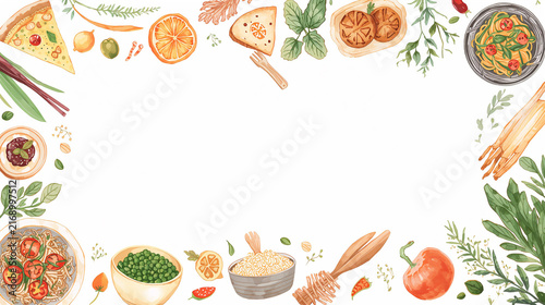 Watercolor Food Frame Illustration with Pasta, Pizza, Vegetables and Herbs on White Background