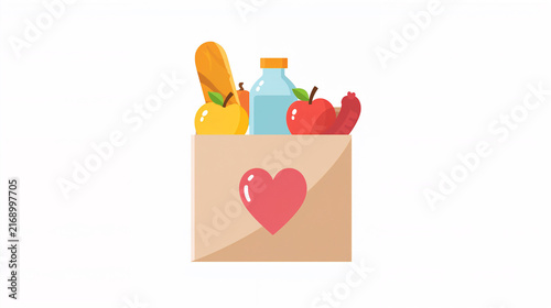 Grocery Bag with Food and Heart Icon - Donation and Charity Vector Illustration