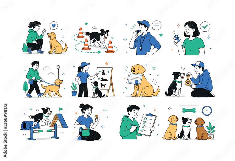 Fototapeta premium Dog Obedience School. Canine training, commands, cones, whistles, clickers, leashes, certificates, rewards, obstacle courses, treats, classrooms, schedules, and group lessons. 12 minimalist editorial