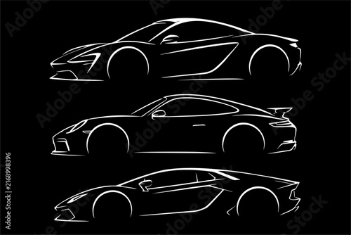 Sports cars drawn in clean white lines on a solid black background. Modern, elegant, bold, and aerodynamic design with strong contrast and plenty of negative space.