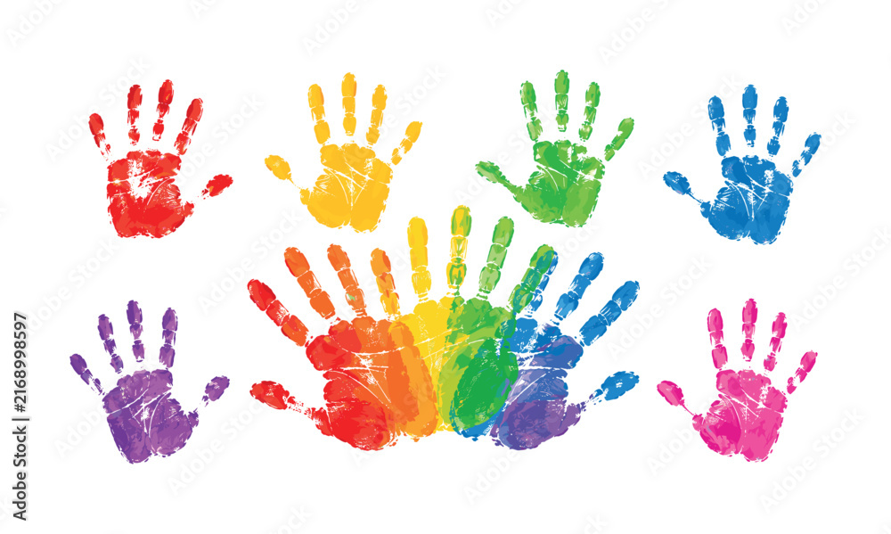 Fototapeta premium Colorful handprint set with overlapping rainbow palms and single prints