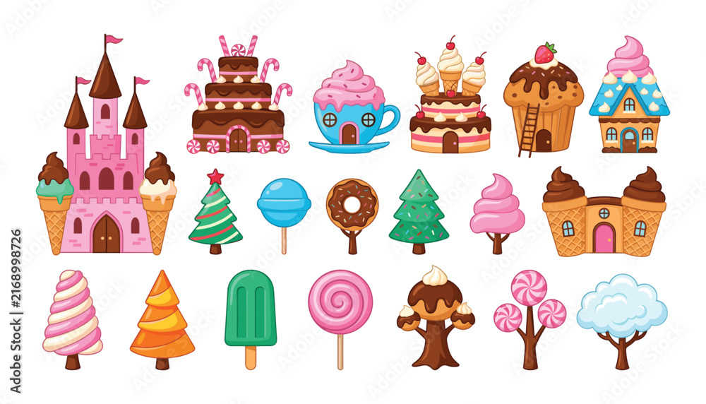 Fototapeta premium Sweet candy land vector collection with gingerbread houses cake castles ice cream trees lollipops and cupcakes for kids fantasy designs