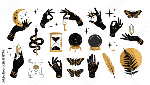 Mystical celestial vector elements set featuring witch hands crystal magic ball snake crescent moon stars moth and occult symbols
