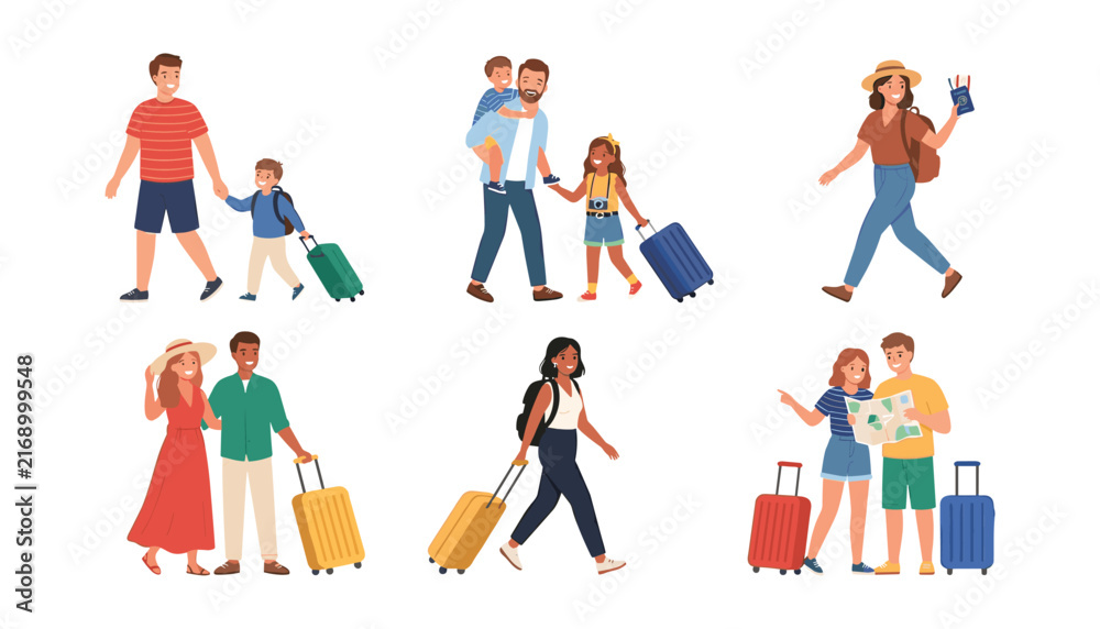 Fototapeta premium Happy people traveling with suitcases vector collection featuring families couples and tourists going on summer vacation trip isolated