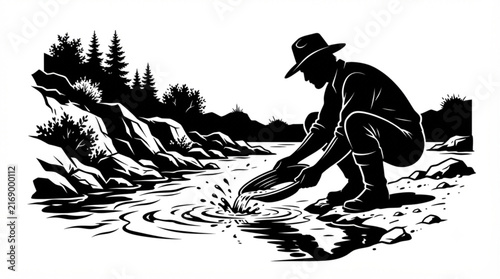 Foto Black and White Silhouette Illustration of a Gold Prospector Panning for Gold in