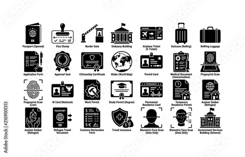 Immigration Travel Documents, solid glyph icon set featuring passport, visa stamp, border gate, embassy building, airplane ticket, suitcase, application form, approval seal, citizenship certificate,