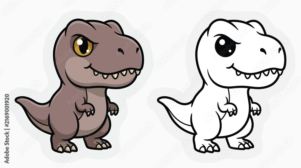Obraz premium A cute baby T-Rex cartoon vector illustration showcasing a playful little dinosaur character in full color and line art style options