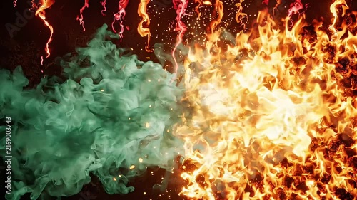 Fiery flame effect with rising embers and smoke on black