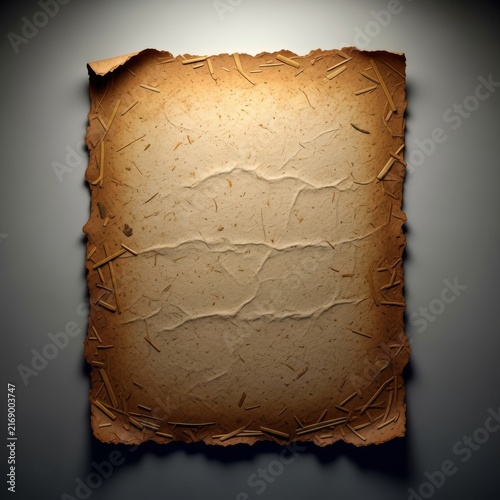 Rustic handmade parchment paper showing straw and leaf particles. Tan sheet features rough deckled edges and a vintage weathered texture, fiber, dried, handmade