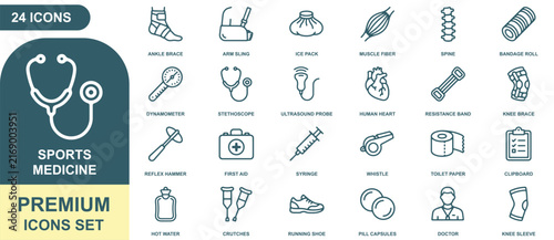 Sports medicine sheet with 24 outlined icons depicting medical equipment, anatomy, and healthcare tools