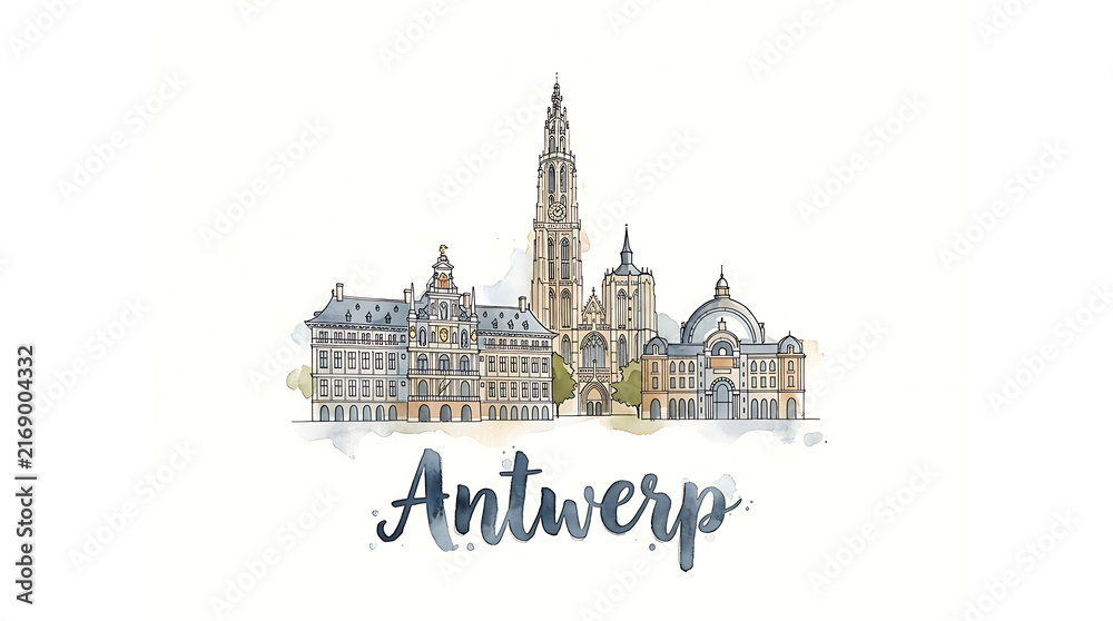 Fototapeta premium Artistic watercolor representation of iconic Antwerp cityscape featuring historic architecture and landmarks in a charming,