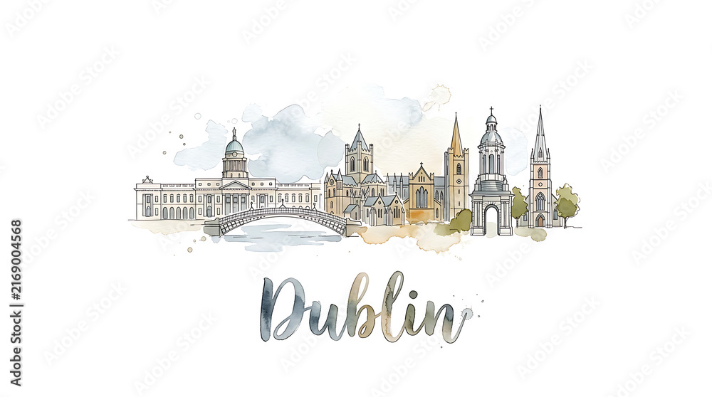 Naklejka premium Elegant watercolor illustration of iconic Dublin cityscape showcasing historic landmarks and architectural diversity