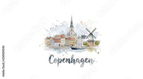 Charming watercolor depiction of Copenhagen's iconic skyline featuring historic architecture and a traditional windmill along a