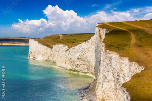 White Chalk Cliffs of Seven Sisters in South Downs National Park, England, UK