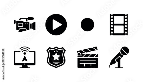 Video Content Tools, solid glyph icon set featuring video camera, play button, recording dot, film strip, broadcast screen and media badge, covering video content, cinema, television and digital