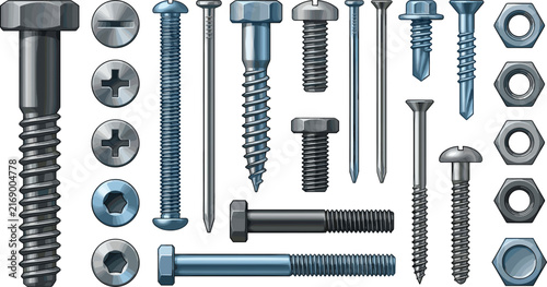 Metal screws bolts nuts and nails hardware collection with different fastners heads types flat vector illustration set
