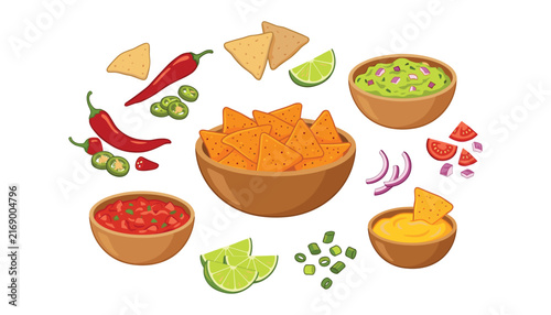 Mexican food elements set with crunchy nachos tortilla chips guacamole salsa cheese dip chili pepper and fresh ingredients vector