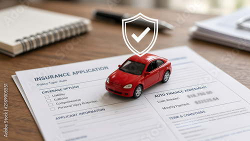 Car on insurance documents with a protection shield icon, representing auto insurance, vehicle coverage, risk management, policy protection, claims processing, and financial security.