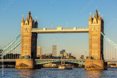 Fotografía Tower Bridge Bascule and Suspension Bridge over River Thames at sunset in London