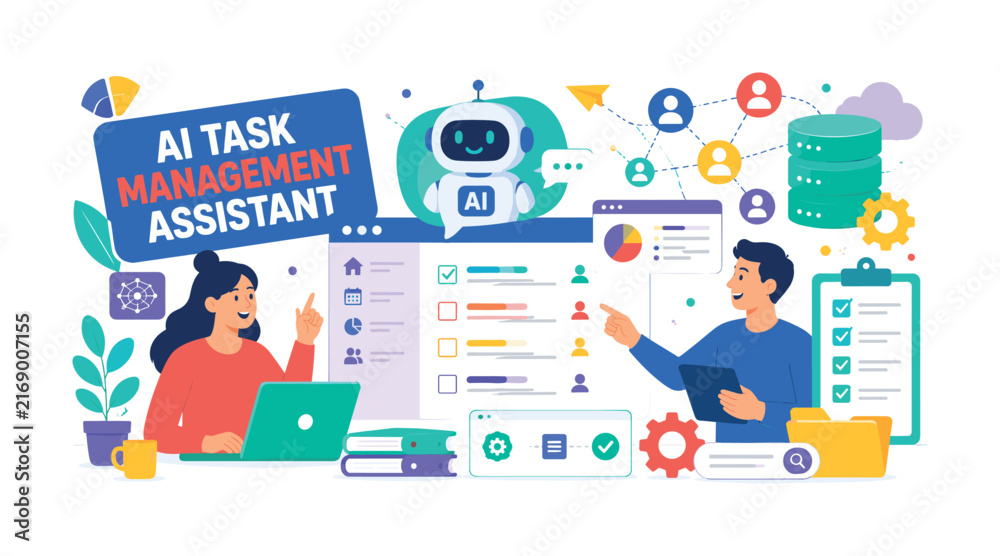 Fototapeta premium AI Task Management Assistant, bright colorful flat vector banner with 2 expressive professionals using an oversized artificial intelligence assistant, smart task dashboard and connected network,