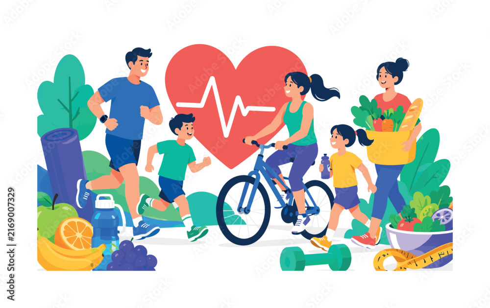 Fototapeta premium Healthy Family Lifestyle, bright colorful flat vector banner with 2 parents and 2 children exercising, cycling, running and carrying healthy groceries around 1 oversized wellness heart, asymmetric