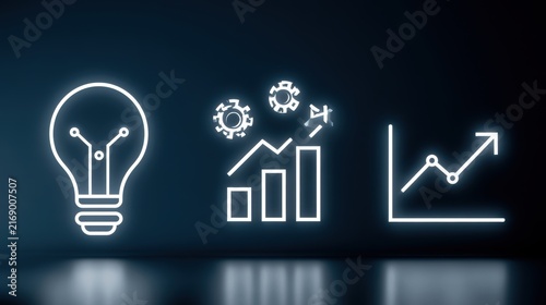 AI, Big Data, and business analytics icons represent the integration of advanced technology in analyzing graphs, business data, and market trends, driving strategic decisions and innovative solutions
