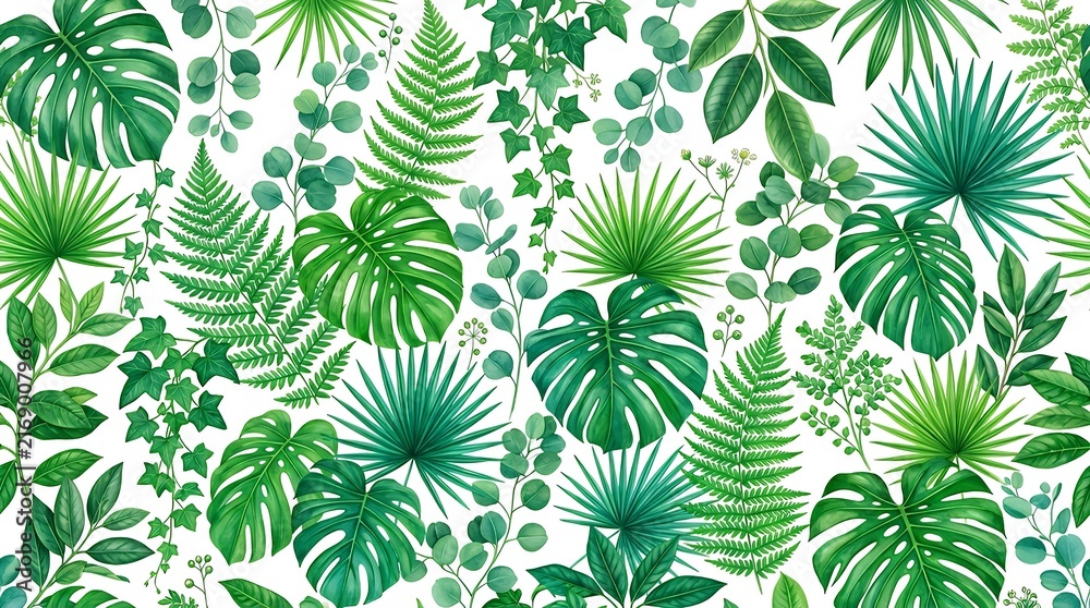 Fototapeta premium Vibrant Green Botanical Foliage Pattern Composition on Clean White Background texture green leaves white background botanical leaf foliage plant nature natural organic fresh summer spring flora