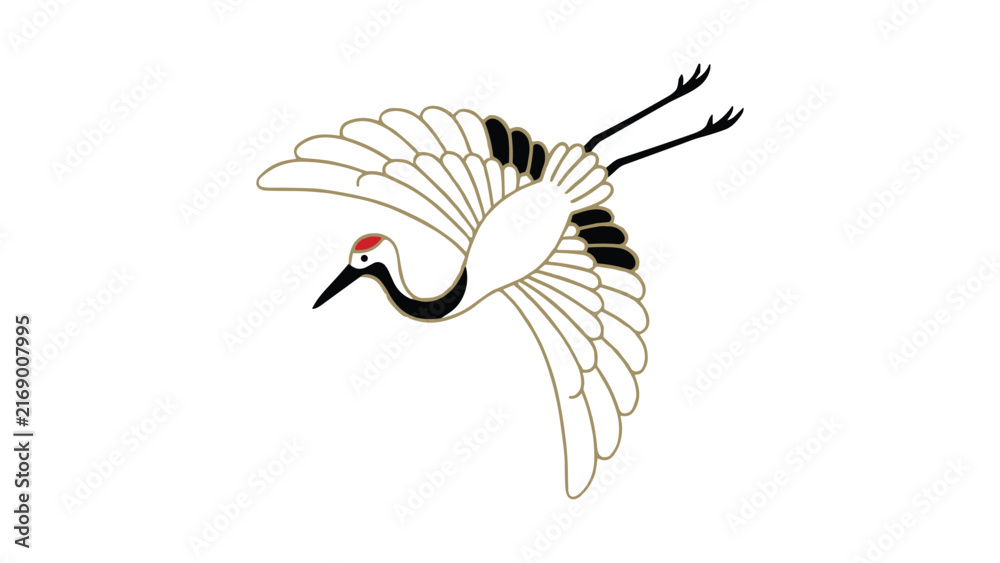 Naklejka premium Japanese red-crowned crane in flight, minimalist with gold outlines and black accents on white background