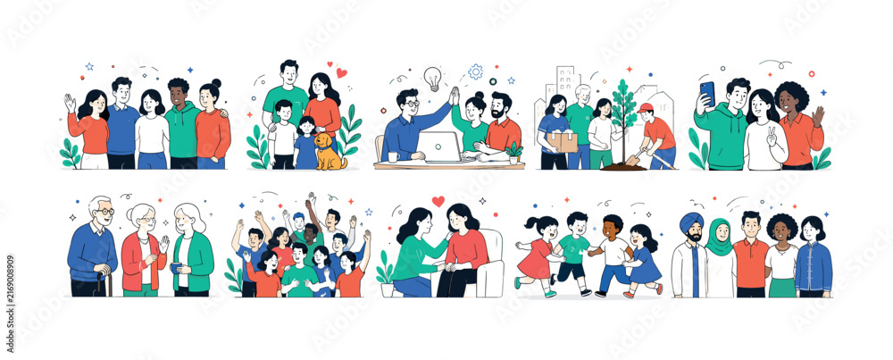 Fototapeta premium People Community Collection — colorful editorial illustration set, 10 separate mini scenes in a 5x2 layout showing group, family, team, community, friends, seniors, crowd, caring, children, diversity,