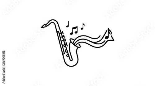 Musical saxophone with flowing notes and waves