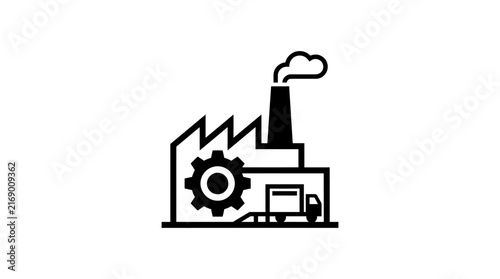 Industrial factory building with truck and gear icon