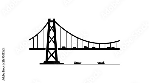 Suspension bridge silhouette with traffic and boats