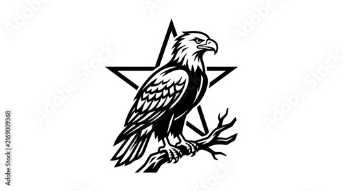 Eagle perched on branch with star symbol