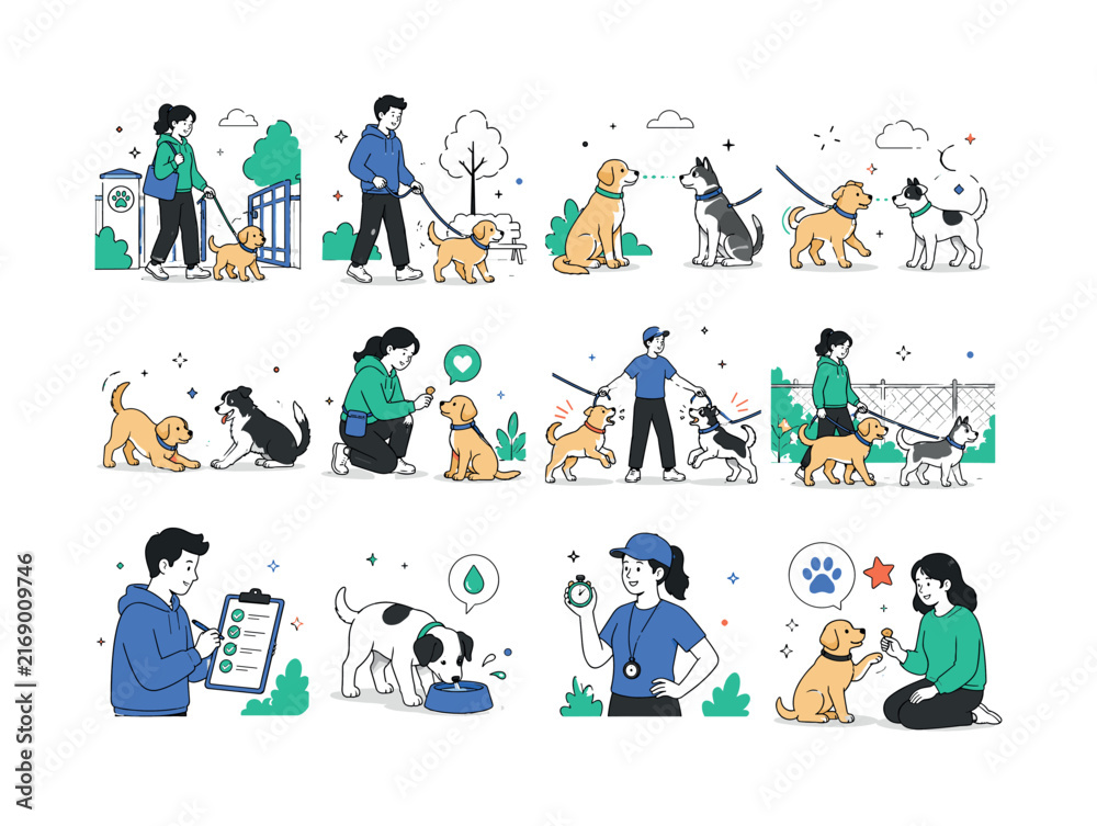 Fototapeta premium Dog Socialization Training. Puppy introductions, calm behavior, leash handling, play signals, rewards, timing, hydration, and supervised group interaction. 12 minimalist editorial vector scenes: owner