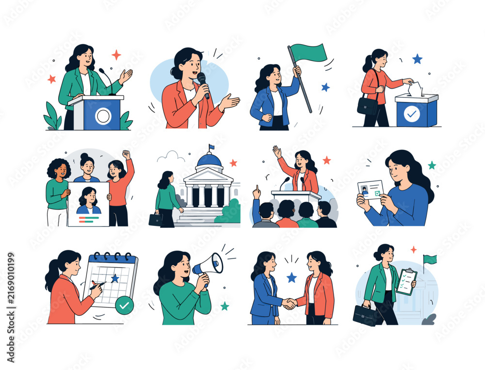 Fototapeta premium Women In Politics. Campaigns, speeches, ballots, flags, posters, government, voting, crowds, calendars, megaphones, handshakes, and public leadership. 12 minimalist editorial vector scenes: politician