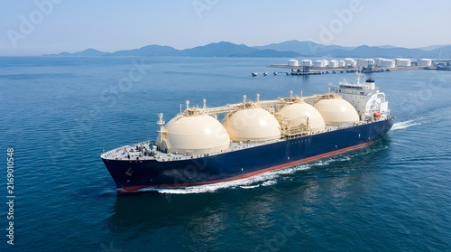 Large LNG carrier vessel transporting liquefied natural gas on calm blue sea near coastal terminal