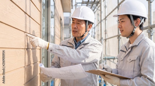 Naklejka 住宅建築現場で図面を見ながら外壁の品質管理とOJT指導を行う日本人現場監督と施工管理士