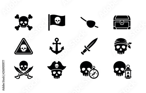 Pirate Skull Symbols, solid glyph icon set featuring skull, crossbones, pirate flag, eye patch, treasure chest, warning triangle, anchor, dagger, covering piracy, Halloween, danger, horror, tattoo