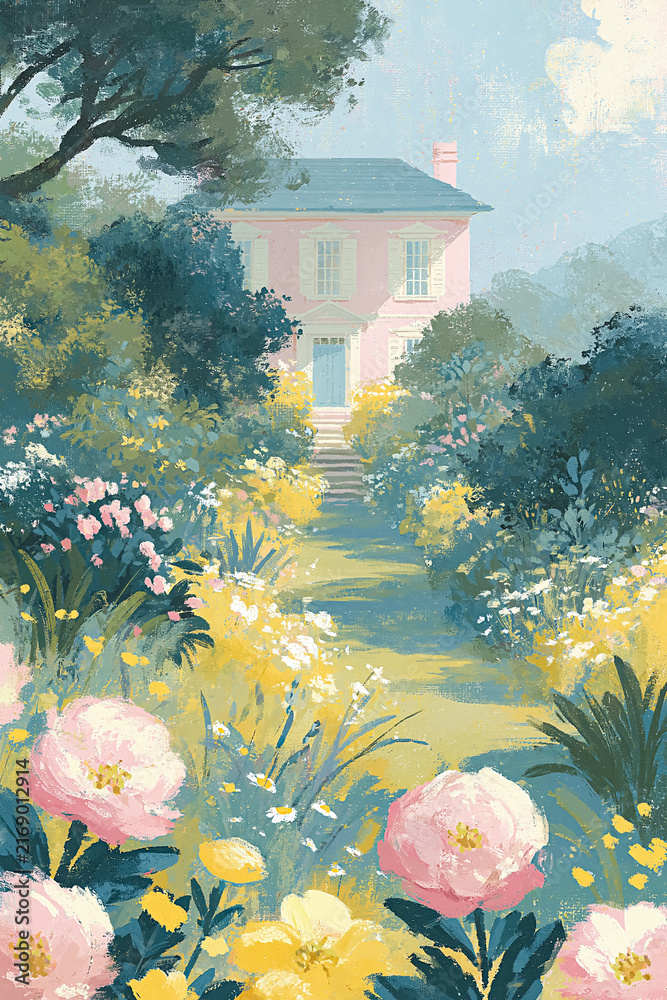 Naklejka premium Vibrant flower garden with a variety of colorful blossoms and green foliage, leading to a charming pastel pink house