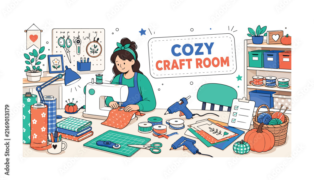 Fototapeta premium Cozy Craft Room. A clean editorial banner showing a crafter working in an organized seasonal studio, with an oversized craft table and sewing machine as the main objects, plus scissors, glue gun,