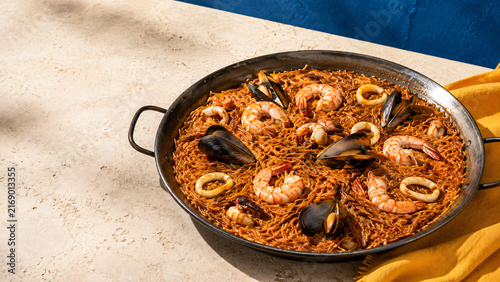 Spanish Fideua Seafood Noodles with Shrimp Mussels and Squid