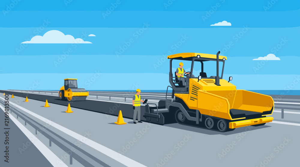 Naklejka premium Road construction workers operate heavy machinery for asphalt paving on a sunny day