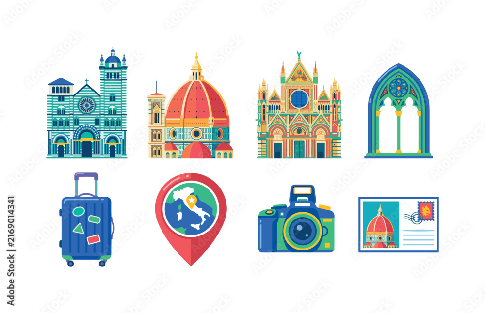 Naklejka premium Italian Cathedral Landmarks, bright flat vector icon set featuring Genoa cathedral, Florence cathedral dome, Siena cathedral facade, Gothic arch, travel suitcase, map pin, camera, souvenir postcard