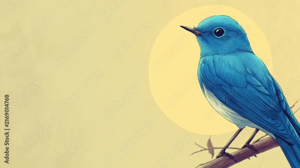 Obraz premium Charming Blue Bird Perched on a Branch with Soft Yellow Background and Gentle Sunlit Glow
