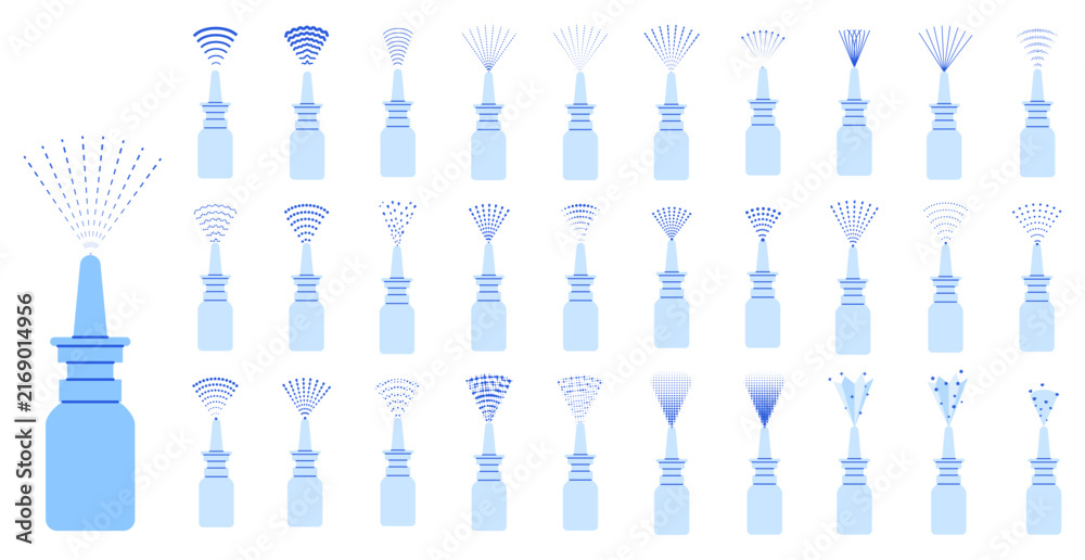 Naklejka premium Set of blue nasal spray bottles each emitting unique dark mist jets, arcs, dots with fan bursts. Designed for pharmacy apps, allergy treatment charts, sinus irrigation guides or medical icons