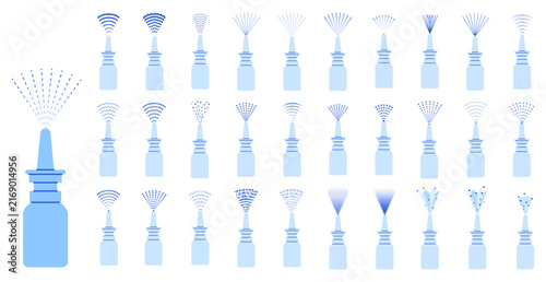 Set of blue nasal spray bottles each emitting unique dark mist jets, arcs, dots with fan bursts. Designed for pharmacy apps, allergy treatment charts, sinus irrigation guides or medical icons