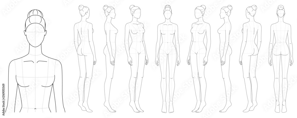 Naklejka premium Set of female fashion body figures including bust close-up plus front, back, side three-quarter rotation with dotted guides. Suited for technical apparel layout, measurement study or design reference